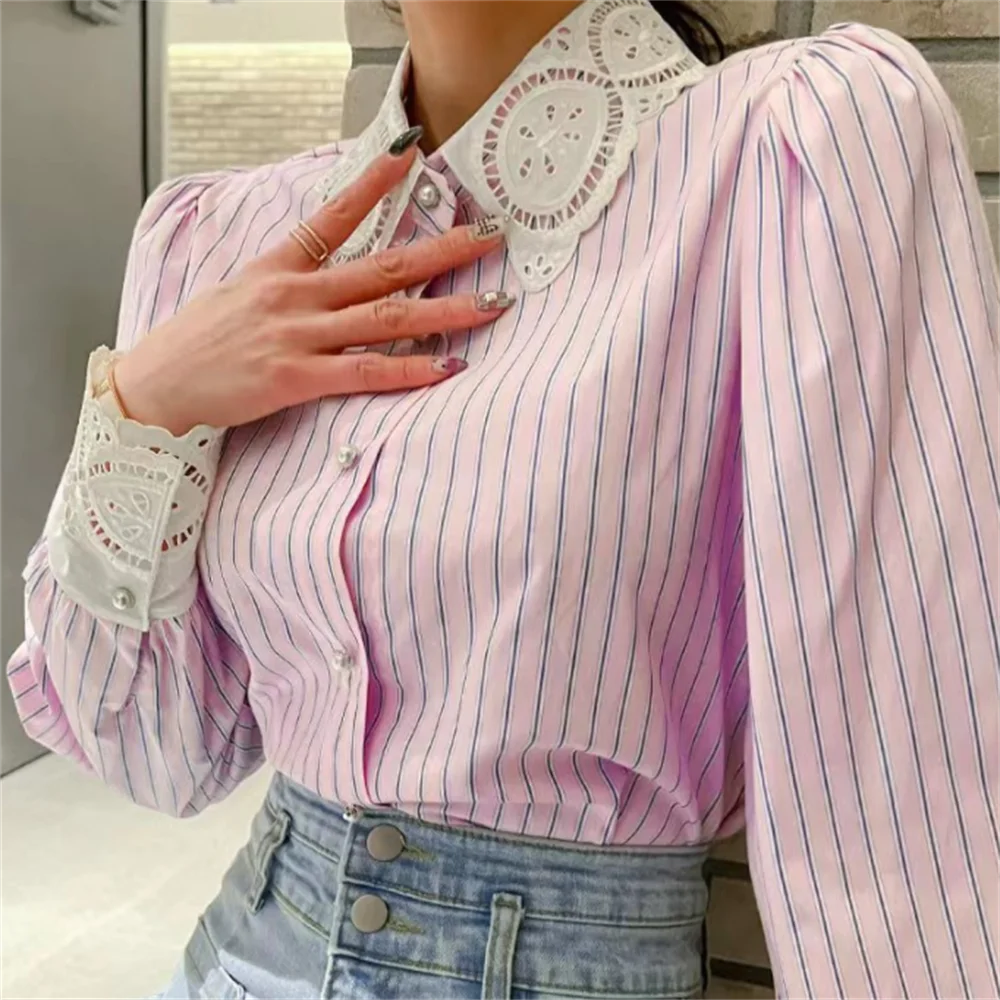 2023 spring new striped blouse bubble sleeve pink long-sleeved blouse design baby collar
2023 spring new striped blouse bubble sleeve pink long-sleeved blouse design baby collar