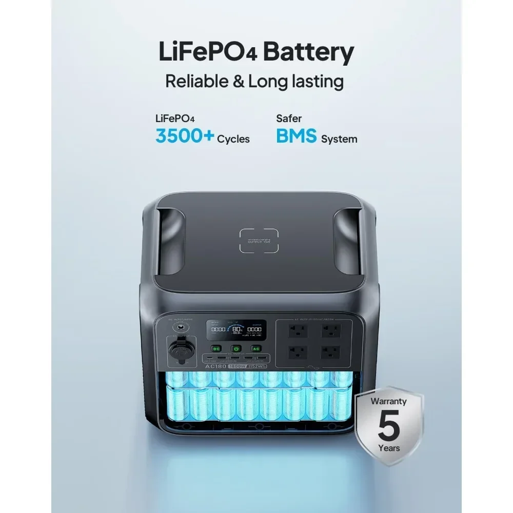 Solar Generator AC180: 1,152Wh LiFePO4 Battery Backup, 4×1,800W (2,700W Peak) AC Outlets, 45 - Min 0 - 80% Charge, Ideal for Cam 
Solar Generator AC180: 1,152Wh LiFePO4 Battery Backup, 4×1,800W (2,700W Peak) AC Outlets, 45 - Min 0 - 80% Charge, Ideal for Cam