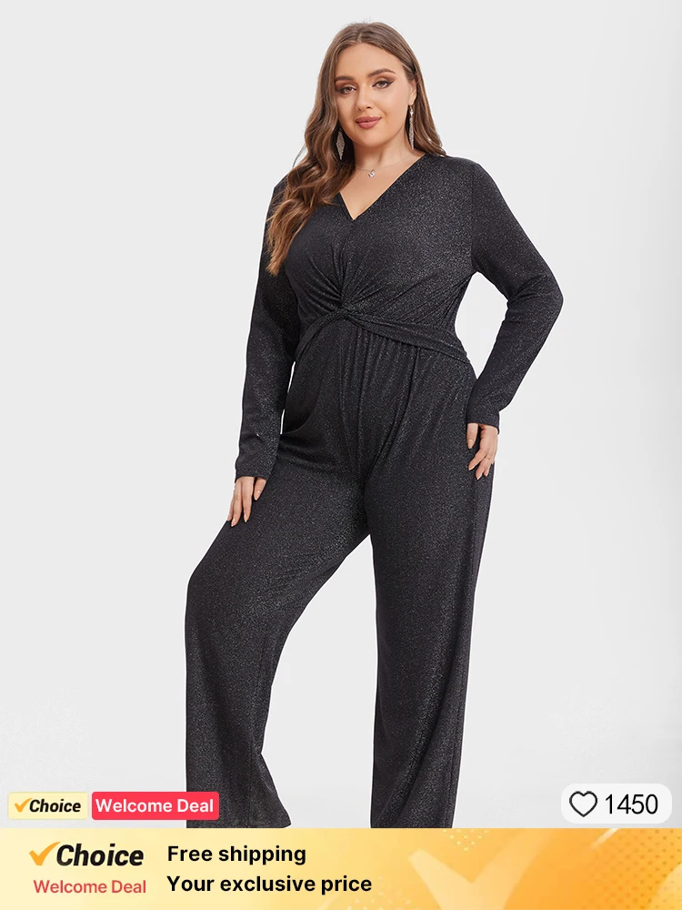 Plus Sized Clothing Women Casual Long Sleeve V-Neck Twist Front Glitter Jumpsuit Solid Color Fashion Ladies Wide Leg Rompers
Plus Sized Clothing Women Casual Long Sleeve V-Neck Twist Front Glitter Jumpsuit Solid Color Fashion Ladies Wide Leg Rompers