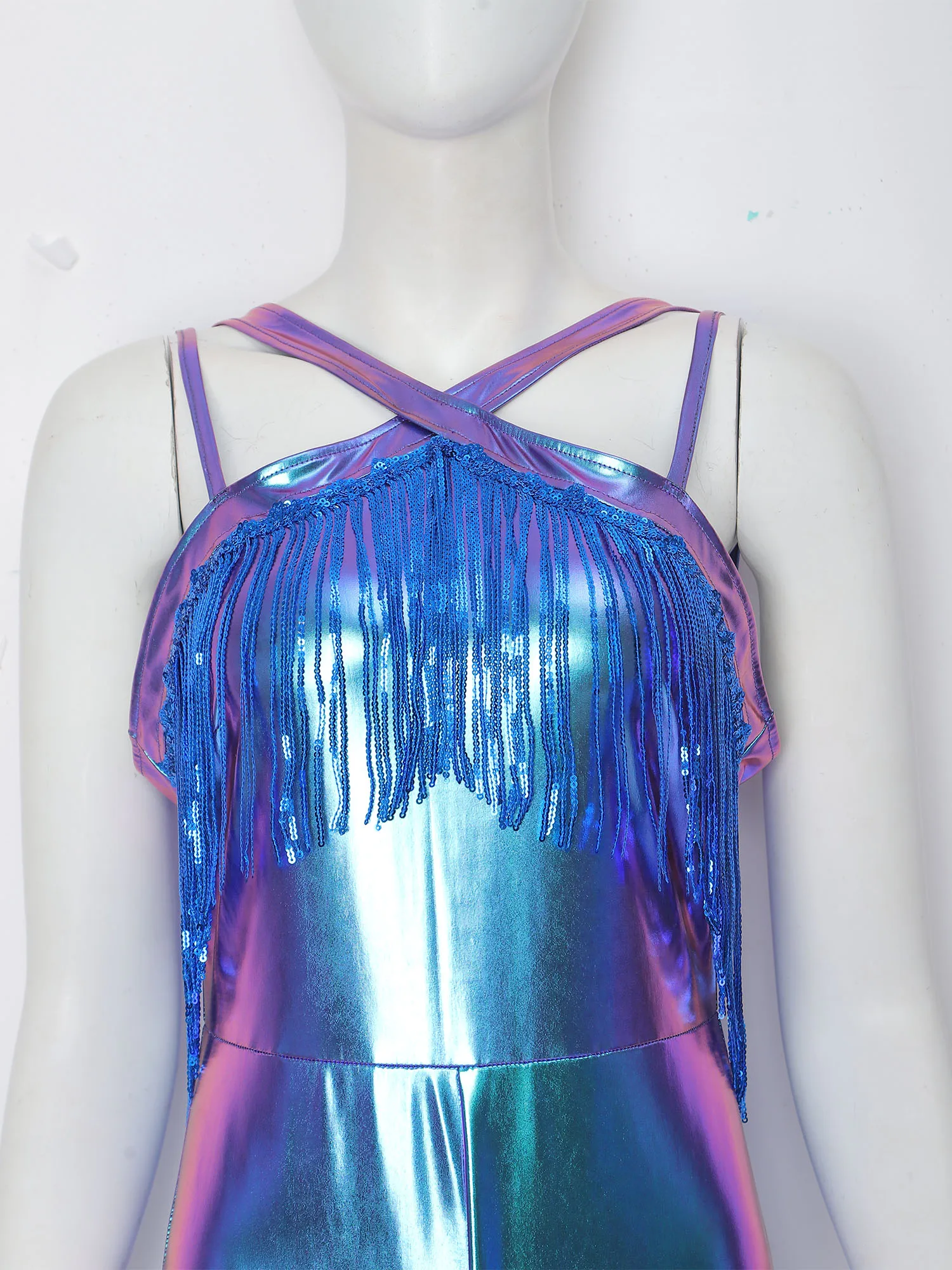 Women Shiny Metallic Sequin Tassels Straps Bell-bottomed Jumpsuit with Back Zipper for Dance Stage Performance Club Party
Women Shiny Metallic Sequin Tassels Straps Bell-bottomed Jumpsuit with Back Zipper for Dance Stage Performance Club Party
