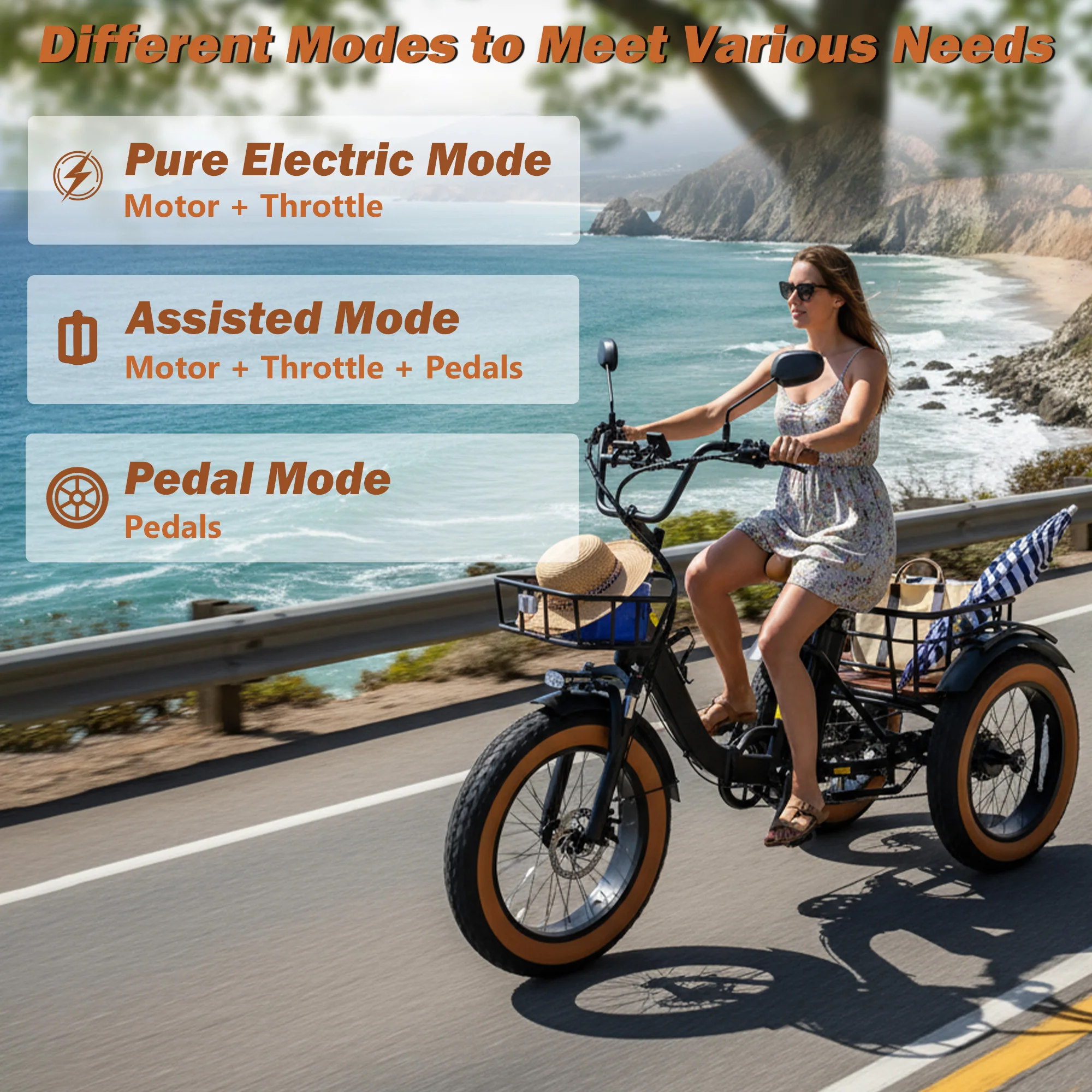 Электрический складной трицикл для взрослых 1350 Вт, с широкими шинами 20"X4.0", 7-скоростной, 48В 15Ач, со съемной батареей, PAS, 50 миль пробега
Электрический складной трицикл для взрослых 1350 Вт, с широкими шинами 20"X4.0", 7-скоростной, 48В 15Ач, со съемной батареей, PAS, 50 миль пробега