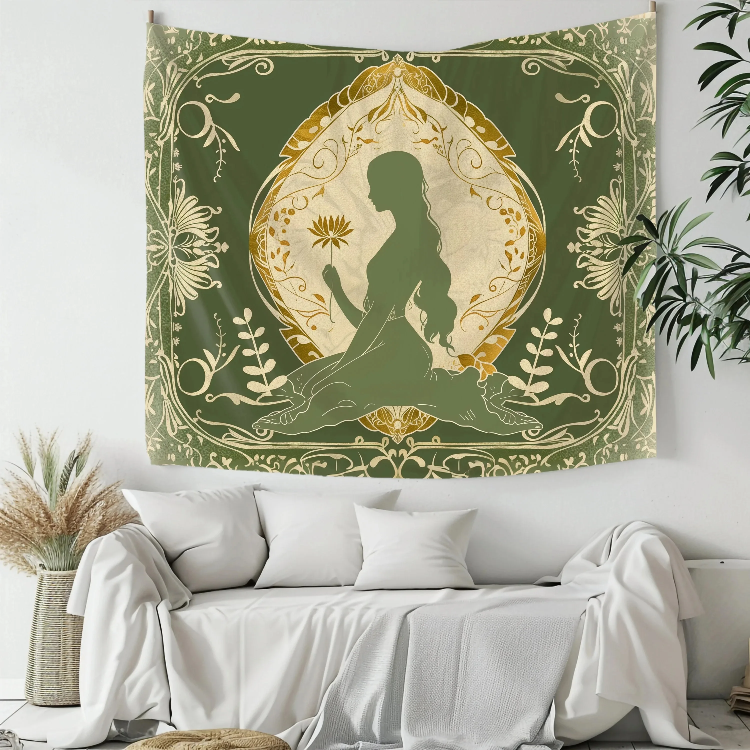 Peach Skin Tapestry Green Gold Vintage Woman Silhouette Lotus Floral Wall Hanging Boho Yoga Room Decor for Bedroom Living Room
Peach Skin Tapestry Green Gold Vintage Woman Silhouette Lotus Floral Wall Hanging Boho Yoga Room Decor for Bedroom Living Room