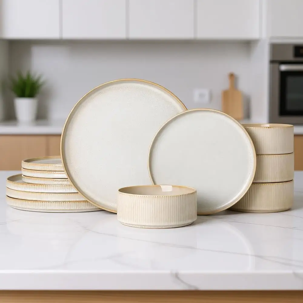 Набор посуды из 12 предметов из рифленой керамики – для микроволновой печи и посудомоечной машины, бежевый
Набор посуды из 12 предметов из рифленой керамики – для микроволновой печи и посудомоечной машины, бежевый