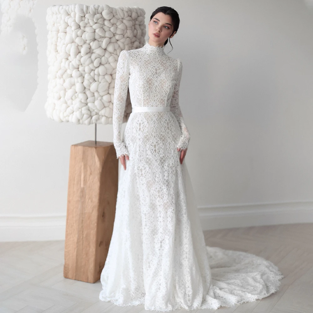 Mophiel Elegant Lace Wedding Dresses Long Sleeve High Neck Mermaid Bride Dress White Bridal Gown vestido de novia Customized
Mophiel Elegant Lace Wedding Dresses Long Sleeve High Neck Mermaid Bride Dress White Bridal Gown vestido de novia Customized