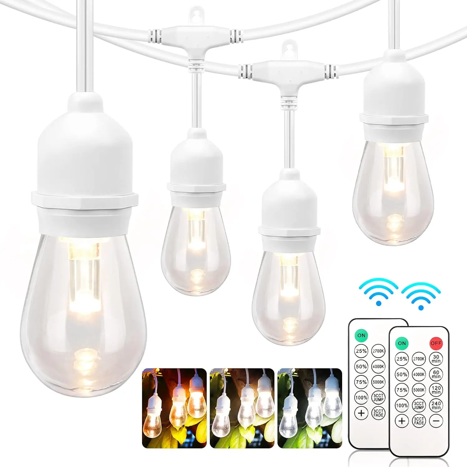 3 Color Dimmable LED String Lights 48FT Outdoor Waterproof with Remote, Plug in Patio Lights - White Cord
3 Color Dimmable LED String Lights 48FT Outdoor Waterproof with Remote, Plug in Patio Lights - White Cord