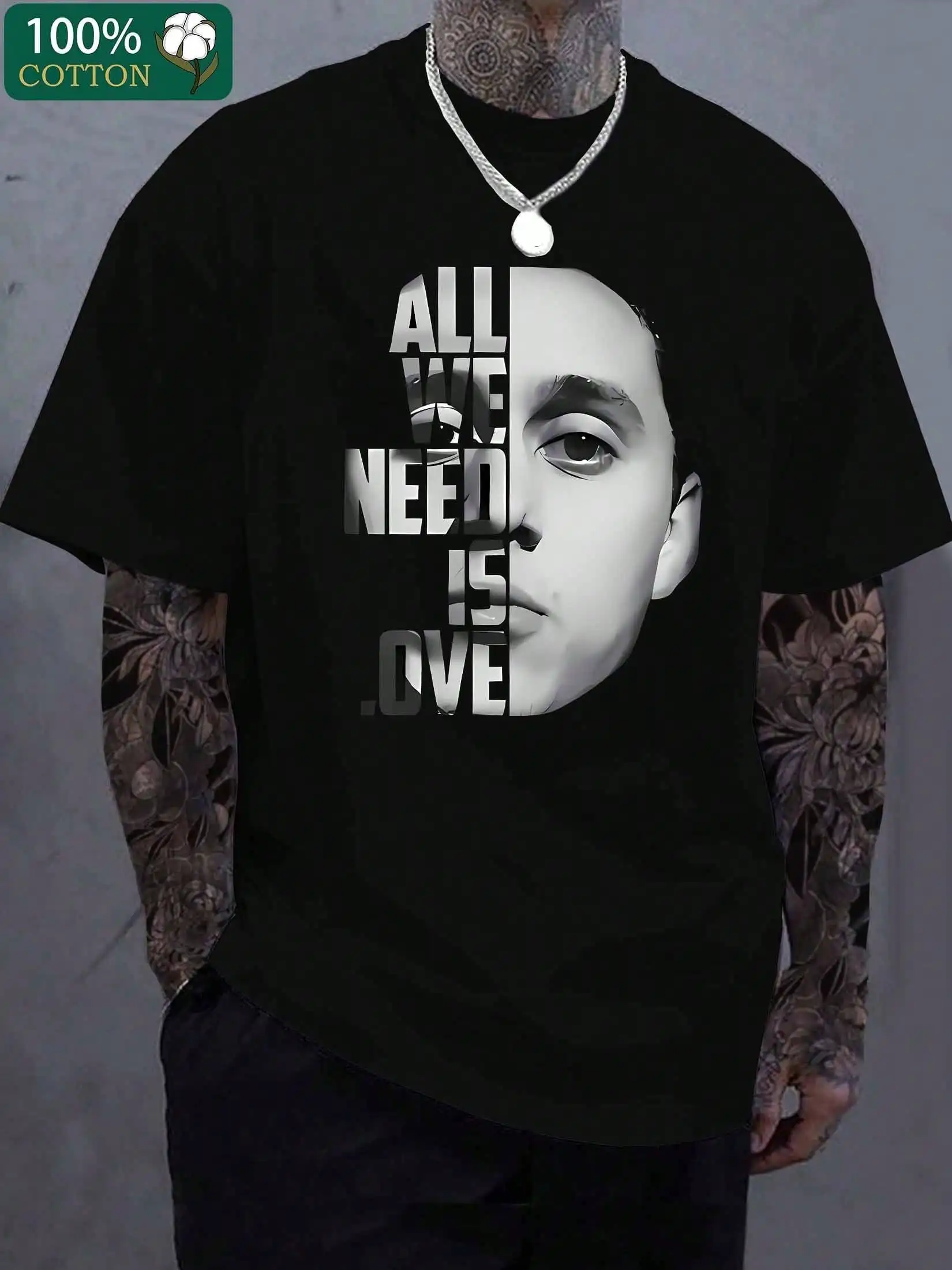 Черная хлопковая футболка с графическим принтом для мужчин - повседневный уличный стиль
Черная хлопковая футболка с графическим принтом для мужчин - повседневный уличный стиль