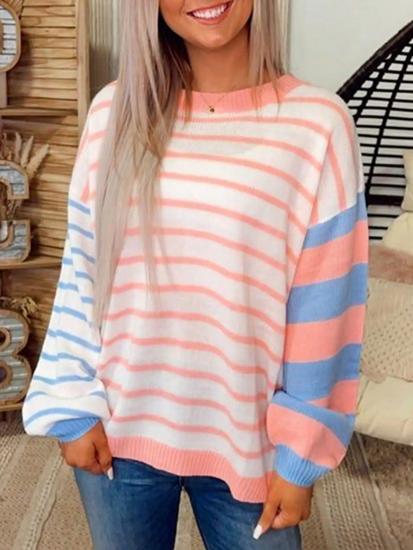 Повседневный свитер с длинными рукавами и пастельными полосками для женщин, свободный крой, вязаный топ с круглым вырезом
Повседневный свитер с длинными рукавами и пастельными полосками для женщин, свободный крой, вязаный топ с круглым вырезом