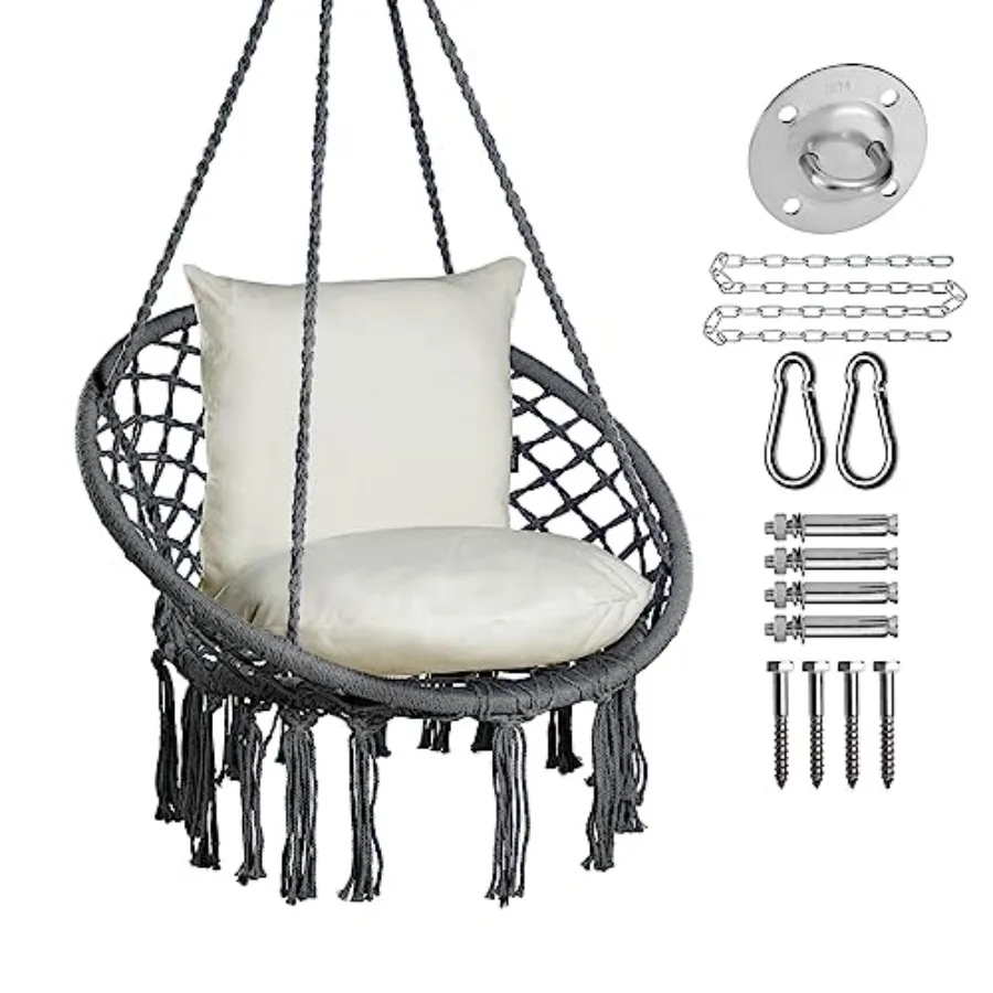 Indoor Outdoor Macrame Hammock Chair in Beige Cotton Rope with 2 Cushions and Hardware Kit, Supports Up to 330 Lbs
Indoor Outdoor Macrame Hammock Chair in Beige Cotton Rope with 2 Cushions and Hardware Kit, Supports Up to 330 Lbs
