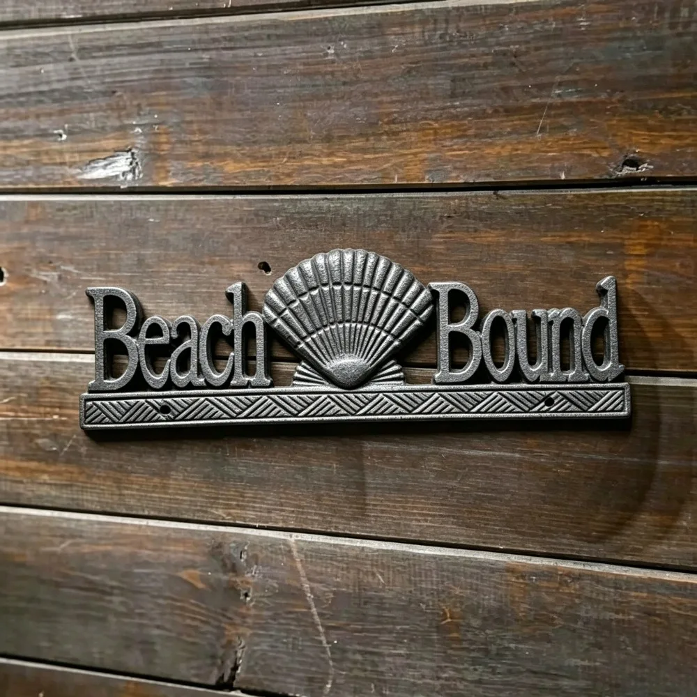 Retro Beach Bound metal logo, cast iron coastal wall decoration, rustic seaside cottage decoration with shell elements
Retro Beach Bound metal logo, cast iron coastal wall decoration, rustic seaside cottage decoration with shell elements