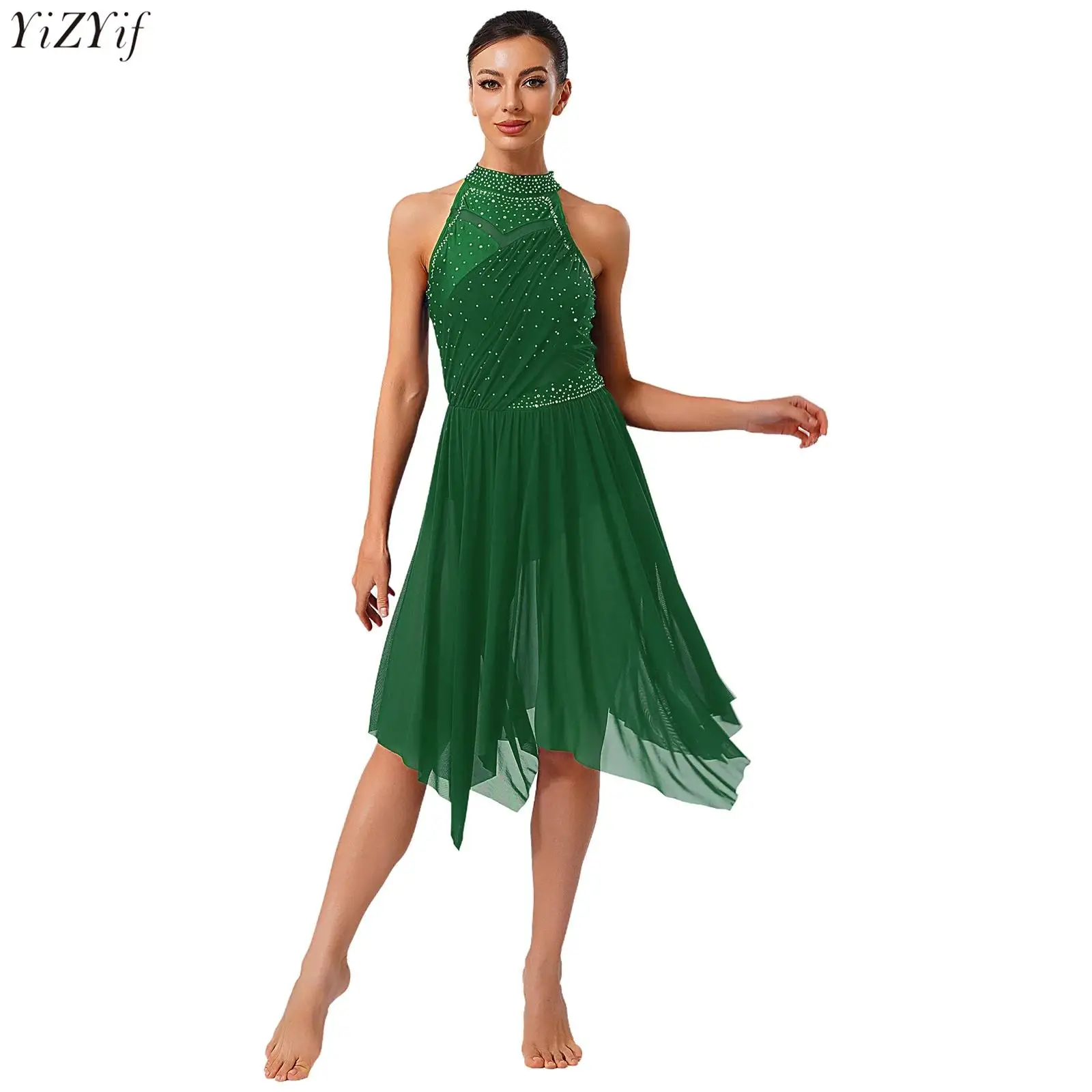 Womens Modern Lyrical Dance Dress Halter Glittery Rhinestone Patchwork Irregular Mesh Ruffled Hem Dress for Dance Competition 
Womens Modern Lyrical Dance Dress Halter Glittery Rhinestone Patchwork Irregular Mesh Ruffled Hem Dress for Dance Competition