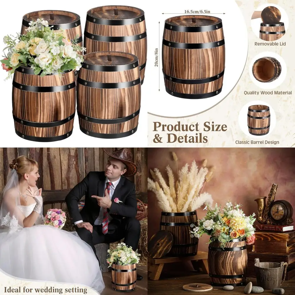Set of 4 Wooden Wine Barrel Vases, 8 x 6.5, Vintage-Style Flower Vase, Rustic Barrel Planters for Wedding Reception Table Decor 
Set of 4 Wooden Wine Barrel Vases, 8 x 6.5, Vintage-Style Flower Vase, Rustic Barrel Planters for Wedding Reception Table Decor