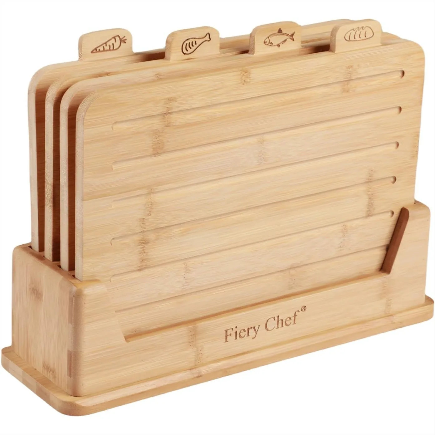 Bamboo Cutting Board Set of 4 with Holder, Chopping Boards with Food Icons and Juice Groove for Meat, Fish, Vegetable
Bamboo Cutting Board Set of 4 with Holder, Chopping Boards with Food Icons and Juice Groove for Meat, Fish, Vegetable