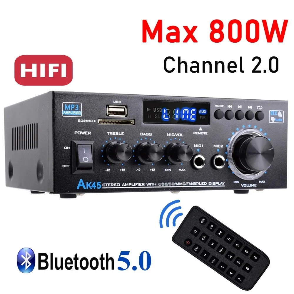 AK45 800W Peak 2.0CH HiFi Digital Bluetooth 5.0 Amplifier, Support USB SD FM Mic Input Mini Stereo AMP For Home Vehicle Car
AK45 800W Peak 2.0CH HiFi Digital Bluetooth 5.0 Amplifier, Support USB SD FM Mic Input Mini Stereo AMP For Home Vehicle Car