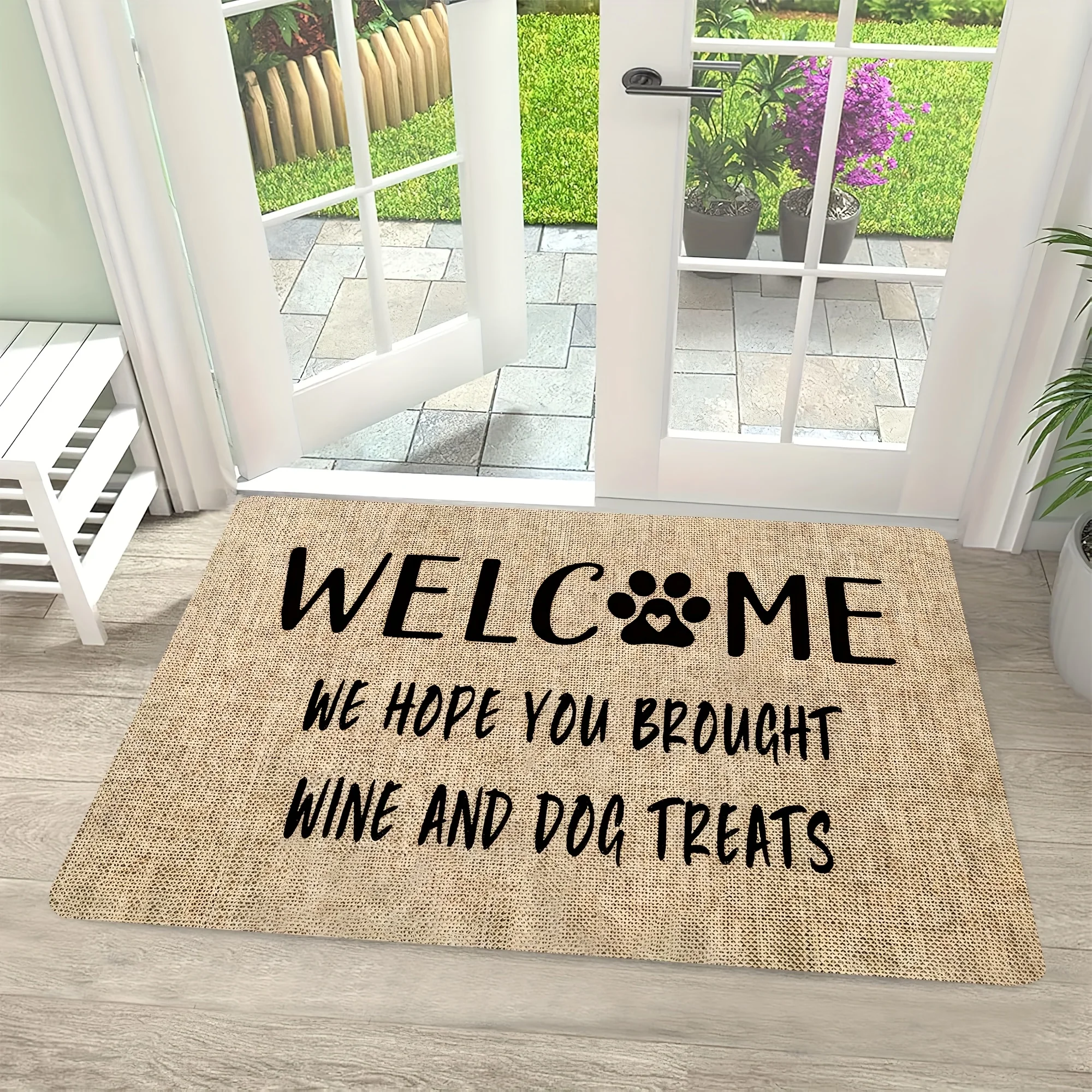 Country Farmhouse Welcome Doormat - Fun and pretty non-slip doormat with "Welcome, We Hope You Bring Dog Treats" graphic
Country Farmhouse Welcome Doormat - Fun and pretty non-slip doormat with "Welcome, We Hope You Bring Dog Treats" graphic
