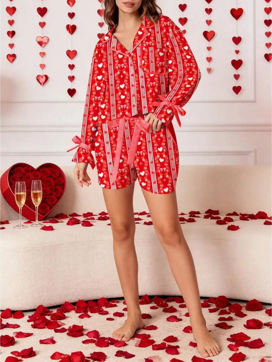 Womens Valentine Heart Striped Bow Print Pajama Set Ribbon Cuff Button Down Long Sleeve Shorts Loungewear
Womens Valentine Heart Striped Bow Print Pajama Set Ribbon Cuff Button Down Long Sleeve Shorts Loungewear