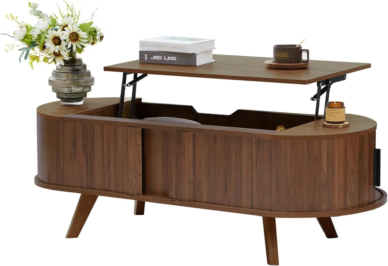 Small Lift Top Coffee Table with Sliding Tambour Door, 47.3 Mid Century Modern Curved Coffee Table with Storage, Oval Center Tab
Small Lift Top Coffee Table with Sliding Tambour Door, 47.3 Mid Century Modern Curved Coffee Table with Storage, Oval Center Tab