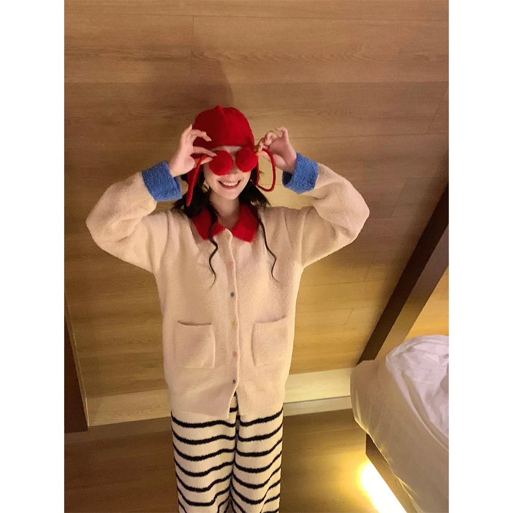 Комплекты брюк в контрастную полоску, женские комплекты с флисовой подкладкой, утепленный и теплый воротник с лацканами и длинными рукавами, зимний пижамный комплект из двух предметов
Комплекты брюк в контрастную полоску, женские комплекты с флисовой подкладкой, утепленный и теплый воротник с лацканами и длинными рукавами, зимний пижамный комплект из двух предметов