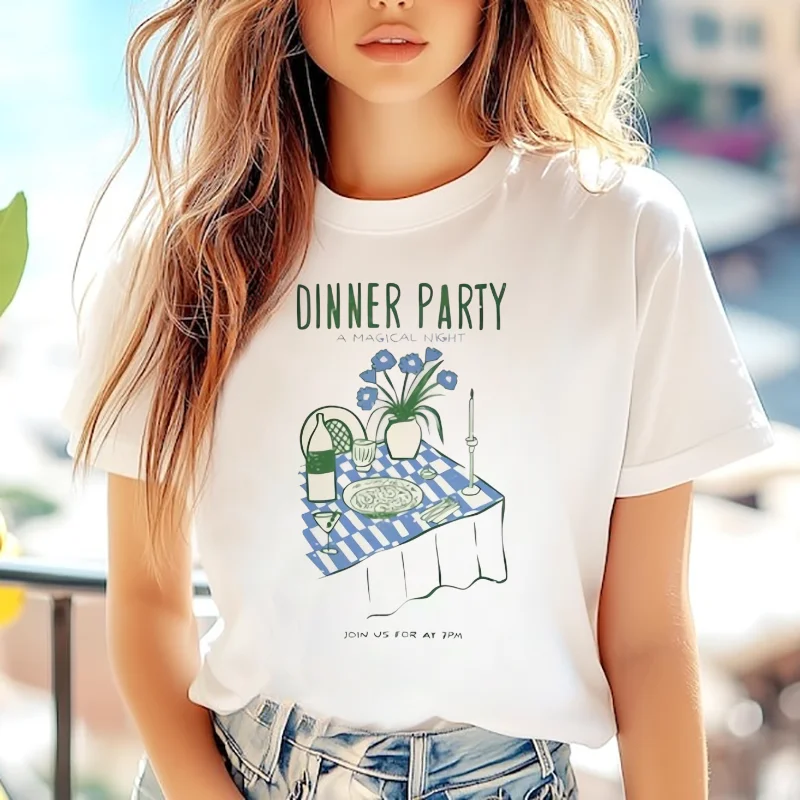 Dinner Party Pattern Printed Short Sleeved O-Neck 90s Women's T-Shirt Fun Casual Regular Cute Summer Top Harajuku Style T-Shirt
Dinner Party Pattern Printed Short Sleeved O-Neck 90s Women's T-Shirt Fun Casual Regular Cute Summer Top Harajuku Style T-Shirt