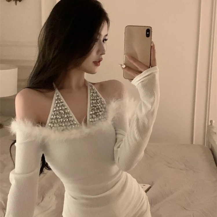 Heavy Diamond Halter Off Shoulder Tops Women Spring Autumn New Black Sweaters Mujer Y2k Slim Fit Long Sleeve Knitted Pullovers
Heavy Diamond Halter Off Shoulder Tops Women Spring Autumn New Black Sweaters Mujer Y2k Slim Fit Long Sleeve Knitted Pullovers