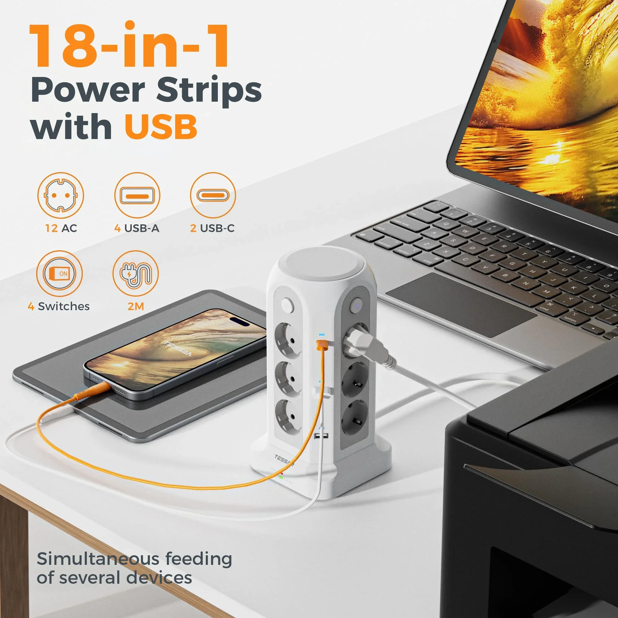 TESSAN 18 in 1 Power Strip EU Plug 12 AC 6 USB Multiple Tower Sockets Surge Protection with 4 Switches with Extension Cable 2m
TESSAN 18 in 1 Power Strip EU Plug 12 AC 6 USB Multiple Tower Sockets Surge Protection with 4 Switches with Extension Cable 2m