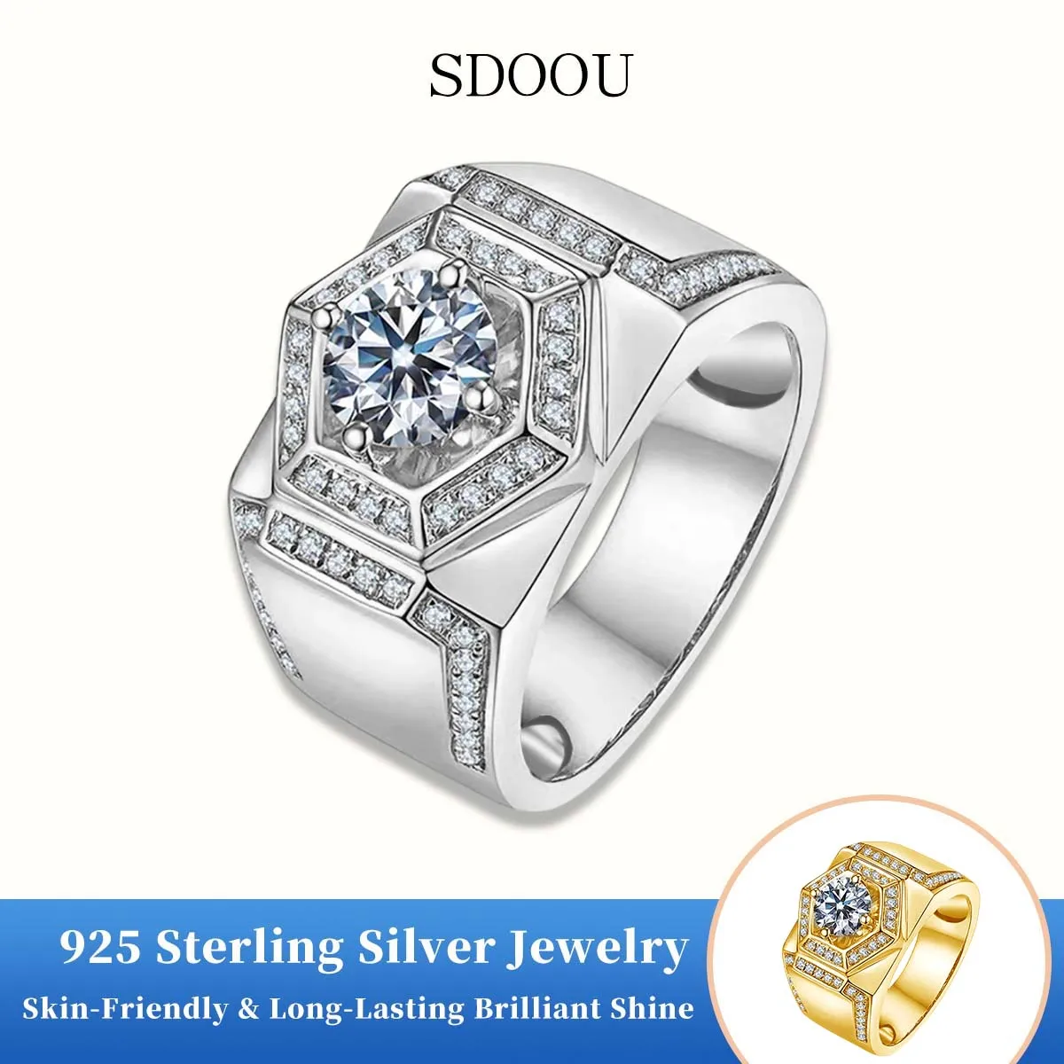 SDOOU Luxury 1CT Round Moissanite Diamond Men's Rings 925 Sterling Silver Hyperbole Hexagon Design For Men Valentine's Day Gifts
SDOOU Luxury 1CT Round Moissanite Diamond Men's Rings 925 Sterling Silver Hyperbole Hexagon Design For Men Valentine's Day Gifts