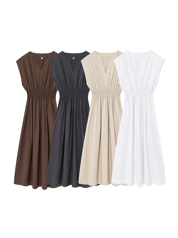 Women Summer MIDI Dress 2025 Vintage Solid V-Neck Elastic waist Sleeveless Female Elegant Street Dresses Clothing
Women Summer MIDI Dress 2025 Vintage Solid V-Neck Elastic waist Sleeveless Female Elegant Street Dresses Clothing