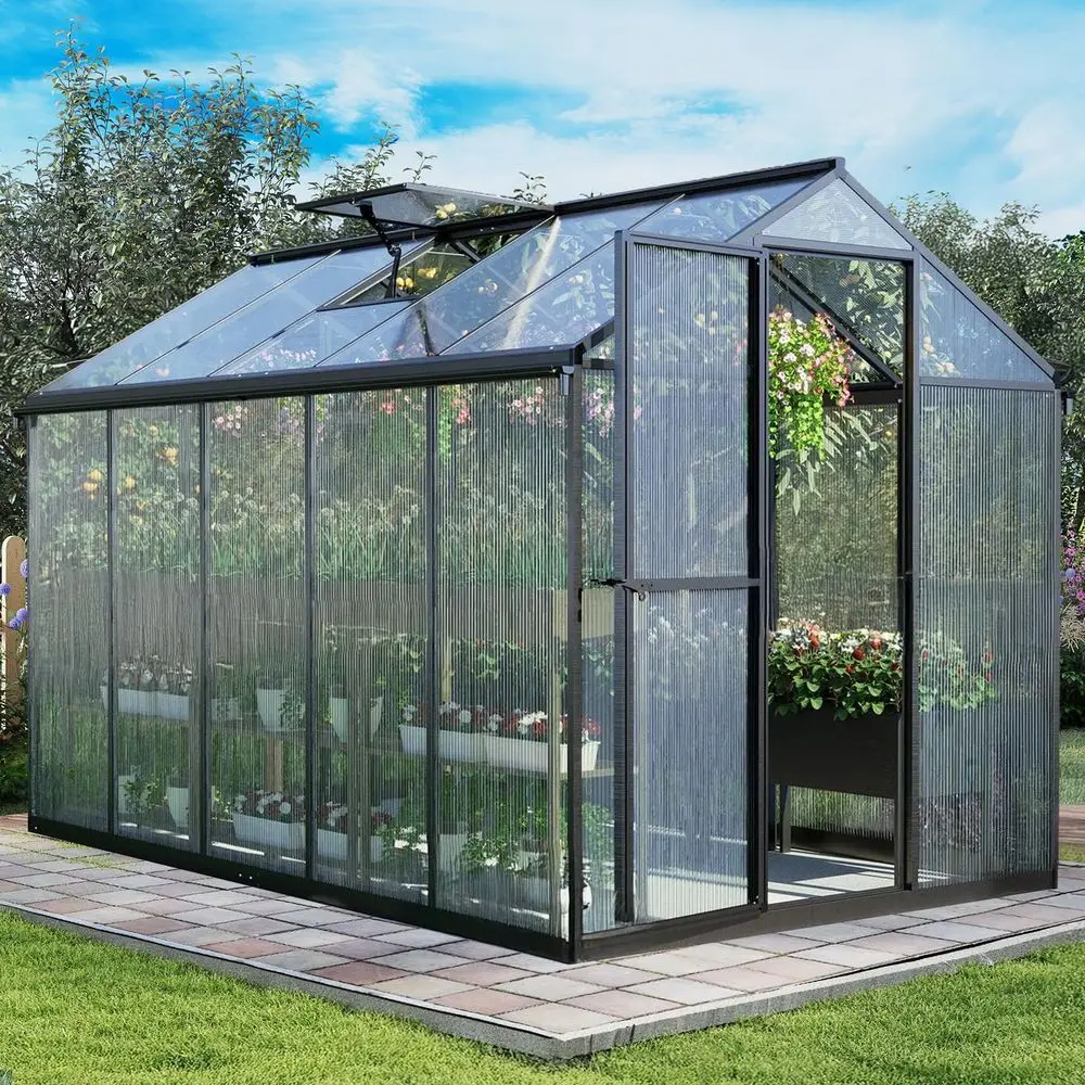6 x 10 Ft Walkin Greenhouse with Gutter, Polycarbonate and HeavyDuty Aluminum Frame, Adjustment Skylight and Lockable 2Sided Do
6 x 10 Ft Walkin Greenhouse with Gutter, Polycarbonate and HeavyDuty Aluminum Frame, Adjustment Skylight and Lockable 2Sided Do