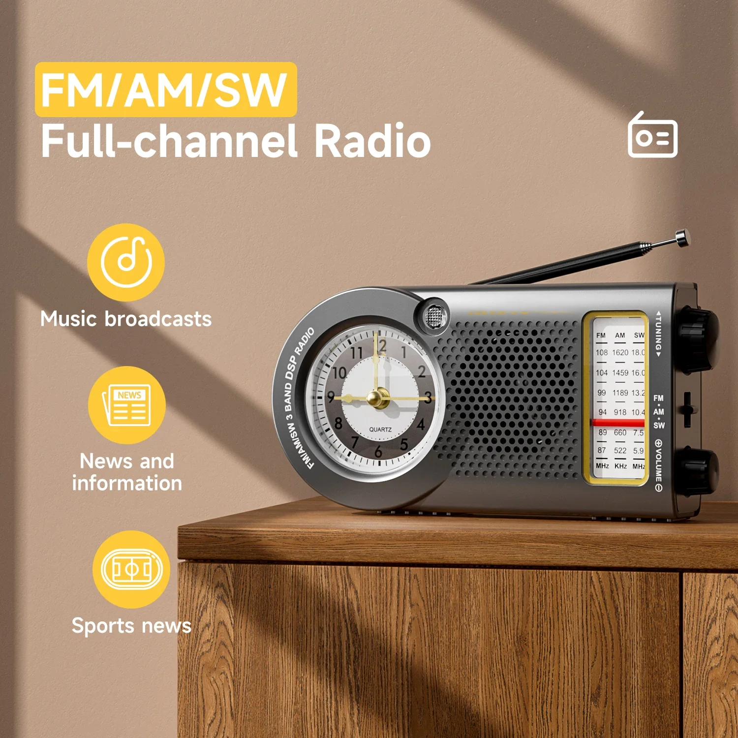 Радиоприемник FM/AM/SW с высокой чувствительностью, портативный, с функцией часов, беспроводной Bluetooth-динамик, поддержка U-дисков, AUX, MP3-плеер
Радиоприемник FM/AM/SW с высокой чувствительностью, портативный, с функцией часов, беспроводной Bluetooth-динамик, поддержка U-дисков, AUX, MP3-плеер