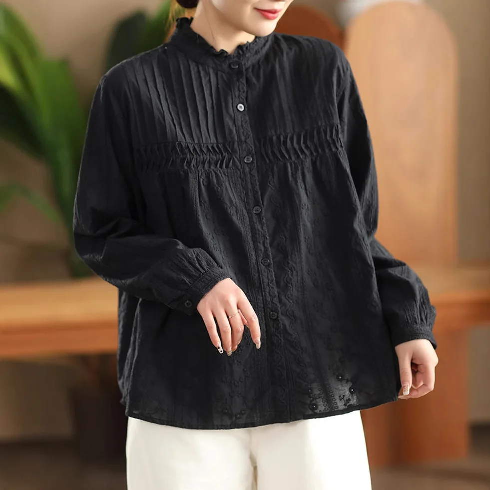 Японская милая блузка в стиле Mori Girl, однотонная, с вышивкой, из хлопка, женская, весенняя, с воротником-стойкой, с длинным рукавом, повседневная, свободного кроя
Японская милая блузка в стиле Mori Girl, однотонная, с вышивкой, из хлопка, женская, весенняя, с воротником-стойкой, с длинным рукавом, повседневная, свободного кроя