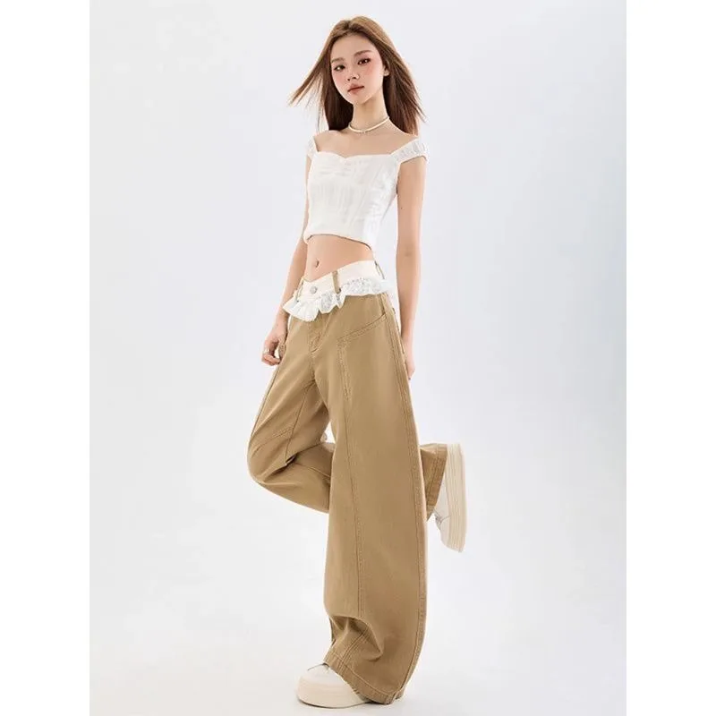 American Washed Scimitar Jeans for Women with Lace Splicing High Waist Loose Slimming Wide Leg Trousers
American Washed Scimitar Jeans for Women with Lace Splicing High Waist Loose Slimming Wide Leg Trousers