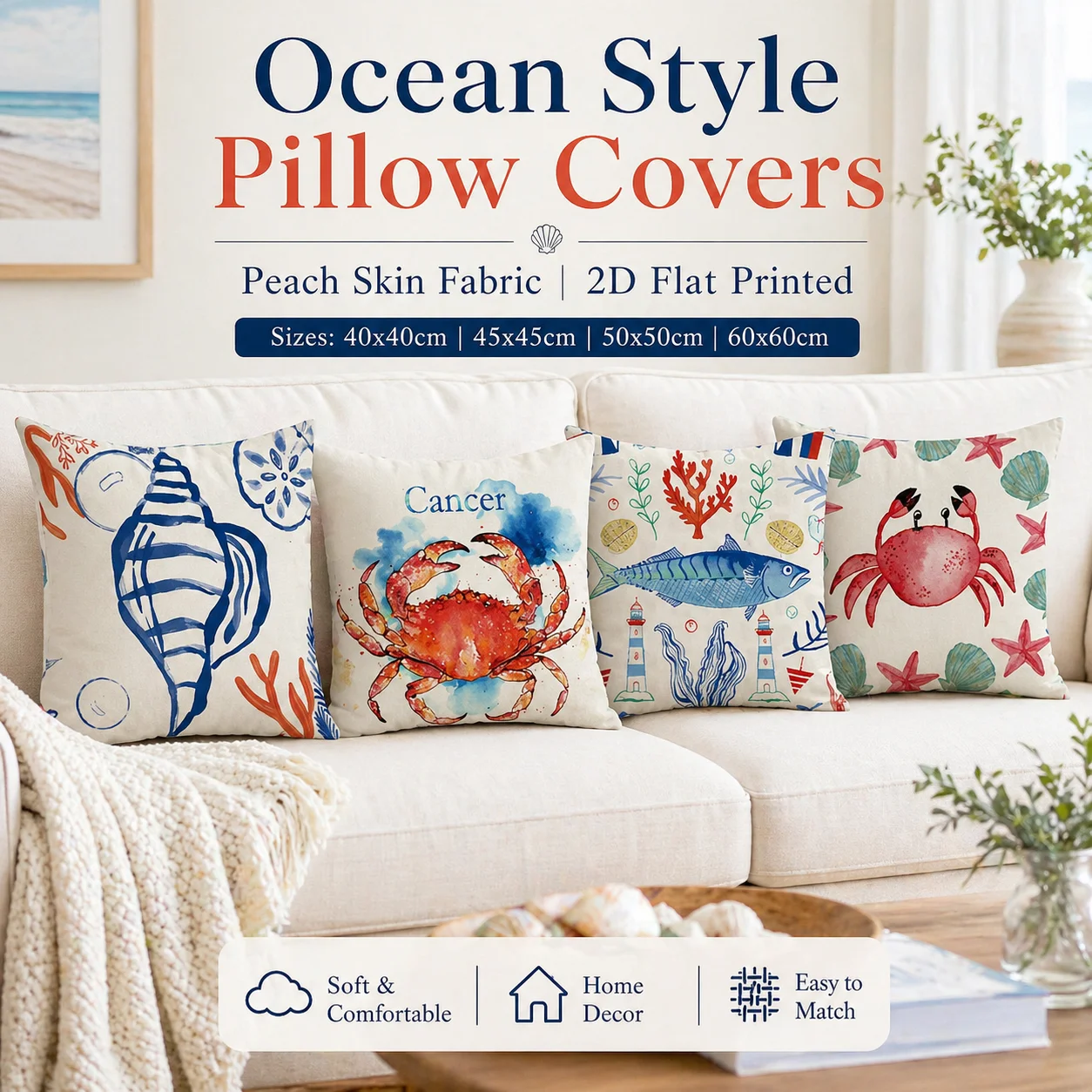 Ocean Style Pillow Covers Peach Skin Fabric 2D Flat Printed Decorative Cushion Cases Sea Life Crab Fish for Sofa Home Decor
Ocean Style Pillow Covers Peach Skin Fabric 2D Flat Printed Decorative Cushion Cases Sea Life Crab Fish for Sofa Home Decor