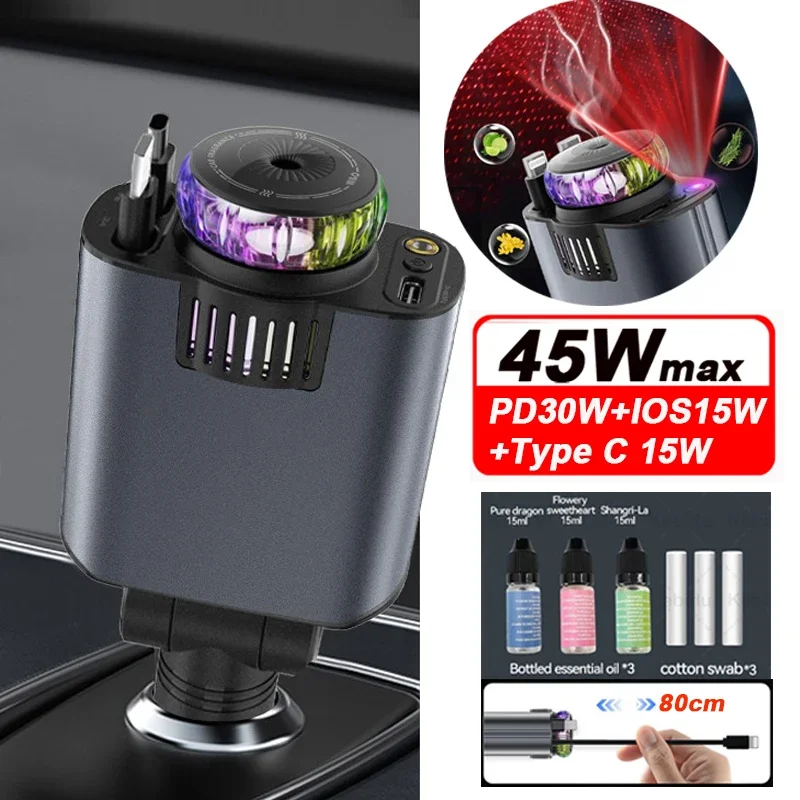 5-In-1 Car Aromatherapy Essential Oil Diffuser Starry Light 45W Retractable Phone Charger with IOS Type C PD30W Cable For IPhone
5-In-1 Car Aromatherapy Essential Oil Diffuser Starry Light 45W Retractable Phone Charger with IOS Type C PD30W Cable For IPhone