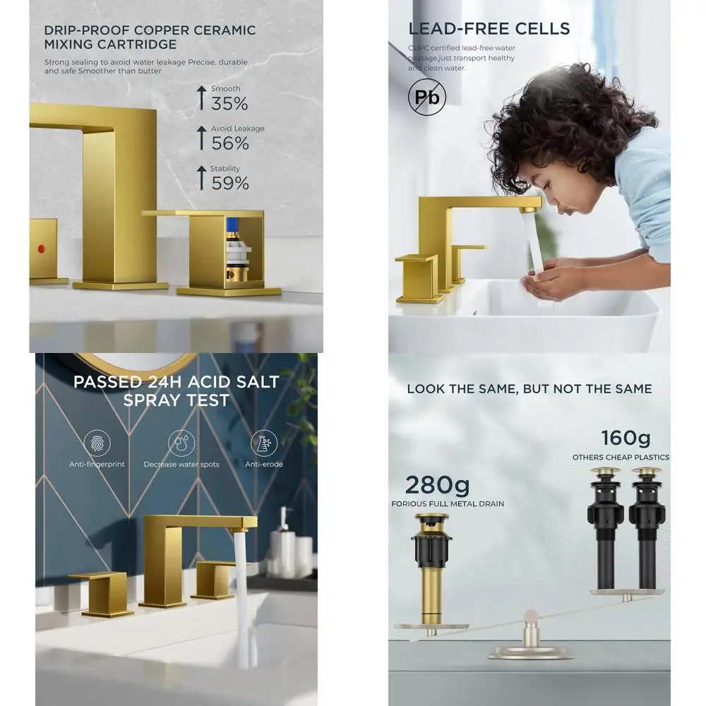 24 2-Handle Square Brushed Gold Widespread Bathroom Faucet Set with Metal Drain for Vanity Sink Remodel
24 2-Handle Square Brushed Gold Widespread Bathroom Faucet Set with Metal Drain for Vanity Sink Remodel