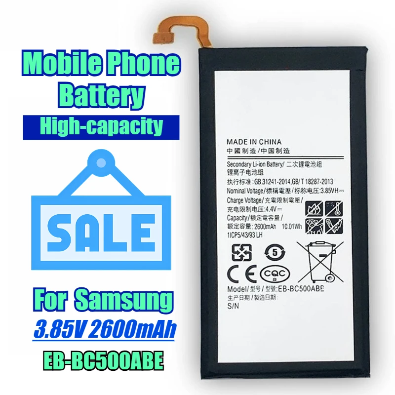 Аккумулятор для мобильного телефона Samsung C5/C5000 EB-BC500ABE 3,85 В 2600 мАч
Аккумулятор для мобильного телефона Samsung C5/C5000 EB-BC500ABE 3,85 В 2600 мАч