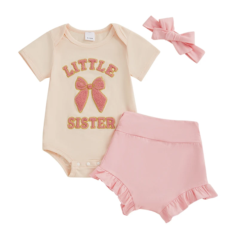 Infant Baby Girls Summer Outfits Letter Bow Embroidery Short Sleeve Romper with Solid Shorts and Bow Headband
Infant Baby Girls Summer Outfits Letter Bow Embroidery Short Sleeve Romper with Solid Shorts and Bow Headband