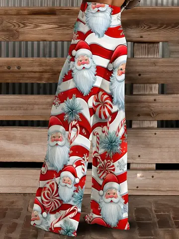 Pantalones vaqueros de imitación para mujer, decoración navideña de pan de jengibre, patrón de caramelos de caña, estampado de rayas blancas y rojas