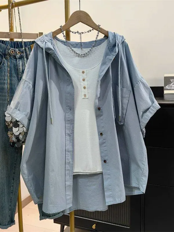 plus Size 300 Pounds Women's Loose Fit Short Sleeve Shirt with Hood Casual Open Cardigan Outerwear Fake Two-Piece Design
plus Size 300 Pounds Women's Loose Fit Short Sleeve Shirt with Hood Casual Open Cardigan Outerwear Fake Two-Piece Design