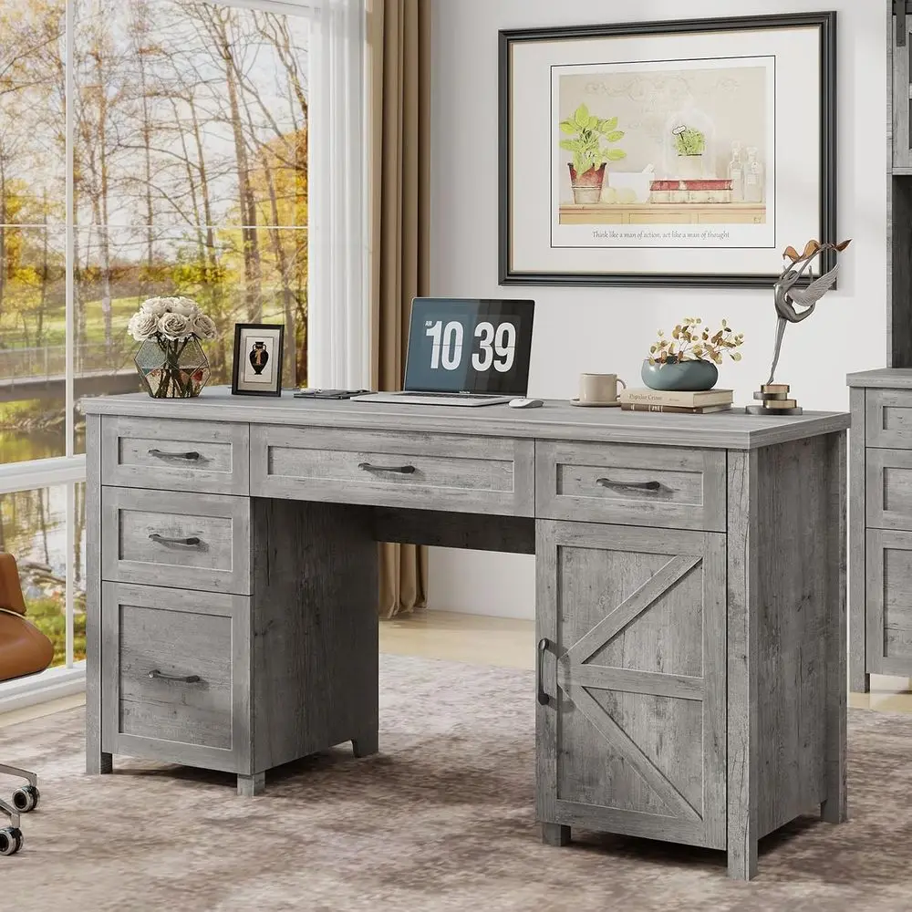 61 Rustic Executive Desk with 5 Drawers, Charging Station, and Storage Cabinet for Office or Home Study, Grey.
61 Rustic Executive Desk with 5 Drawers, Charging Station, and Storage Cabinet for Office or Home Study, Grey.
