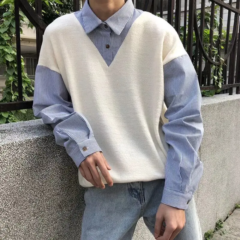 Spring and Autumn Korean Version Trendy Fake Two-piece Long-sleeved Shirt Collar Sweater Men's College Style Student T-shirt
Spring and Autumn Korean Version Trendy Fake Two-piece Long-sleeved Shirt Collar Sweater Men's College Style Student T-shirt