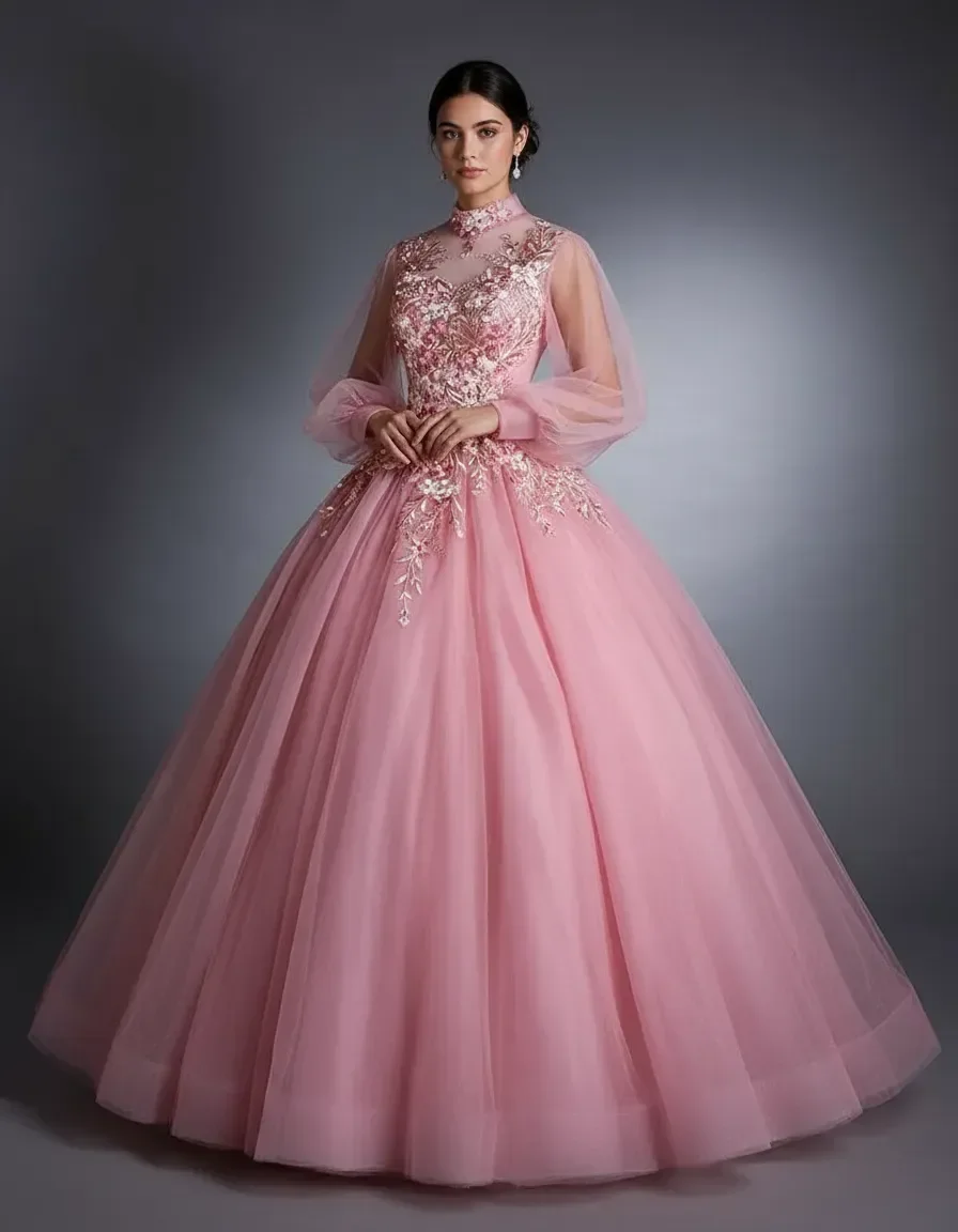 Pink High Neck Puff Sleeve Tulle Ball Gown with Lace Appliques Quinceanera Prom Dress with Free Petticoat
Pink High Neck Puff Sleeve Tulle Ball Gown with Lace Appliques Quinceanera Prom Dress with Free Petticoat