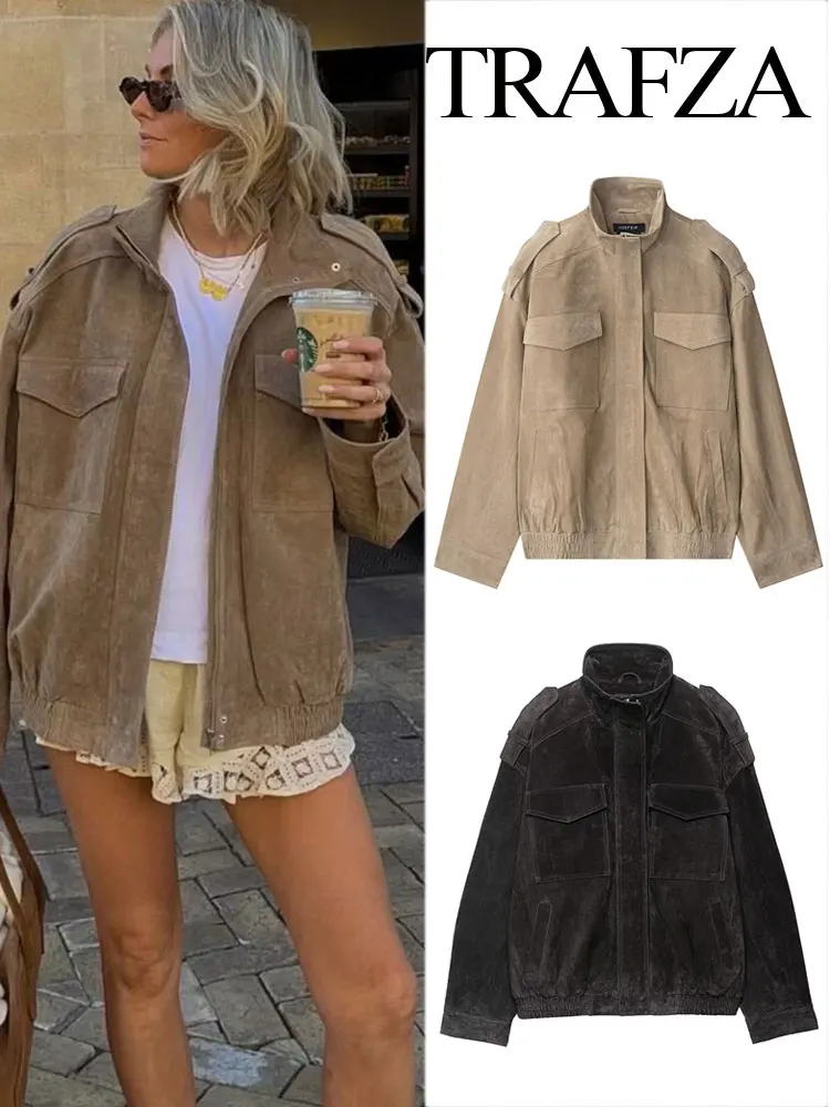 TRAFZA Autumn Women's Retro Suede Textured Casual Leather Jacket Chic High Neck Zipper Patch Pocket Jacket Women's Streetwear
TRAFZA Autumn Women's Retro Suede Textured Casual Leather Jacket Chic High Neck Zipper Patch Pocket Jacket Women's Streetwear