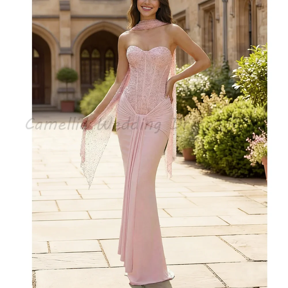 Blush Pink Strapless Sweetheart Evening Gown with Rhinestone Beaded Corset Bodice Draped Chiffon Mermaid Formal Maxi Dress
Blush Pink Strapless Sweetheart Evening Gown with Rhinestone Beaded Corset Bodice Draped Chiffon Mermaid Formal Maxi Dress
