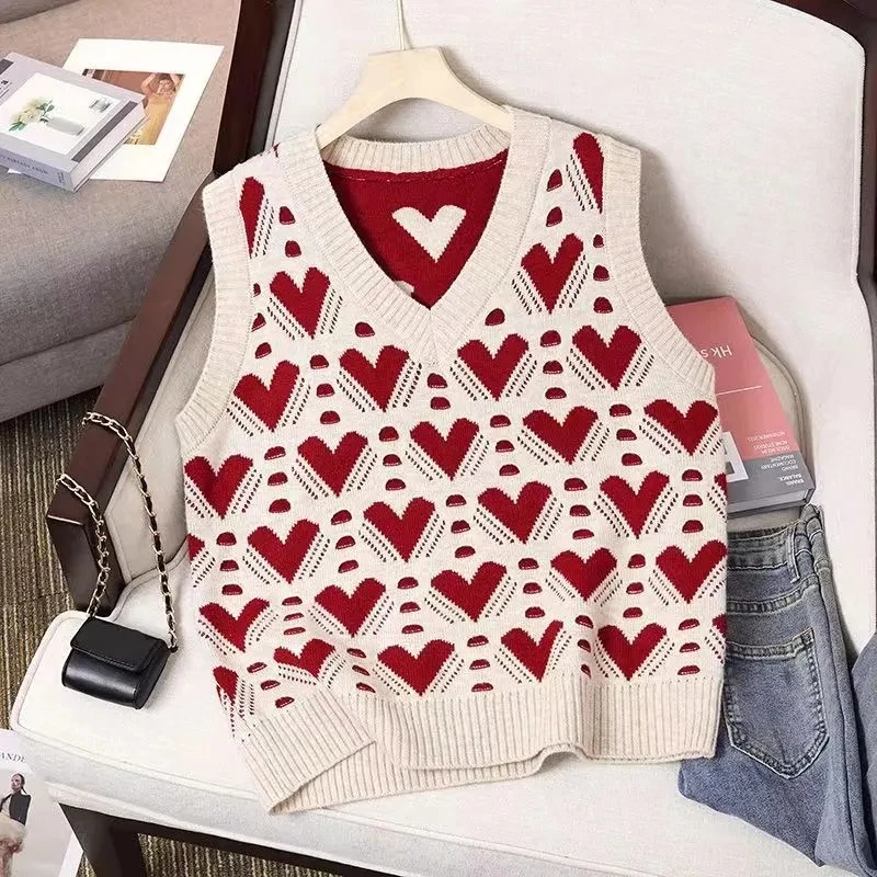 Womens Autumn and Winter Korean New V-neck Pullover Knit Tank Top Loose Fashion Love Contrast Spliced Versatile Sleeveless Vest
Womens Autumn and Winter Korean New V-neck Pullover Knit Tank Top Loose Fashion Love Contrast Spliced Versatile Sleeveless Vest