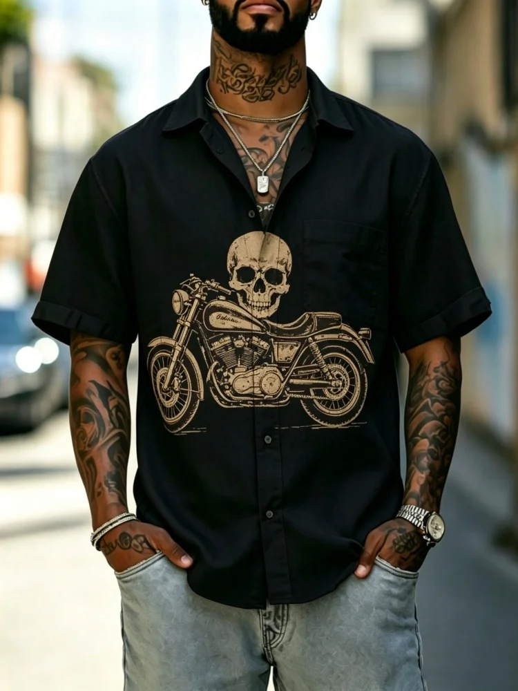 Men's Loose Comfort Short Sleeve Shirt, Black Retro Skull Biker Graphic Casual Top With Chest Pocket, Rock & Roll Style
Men's Loose Comfort Short Sleeve Shirt, Black Retro Skull Biker Graphic Casual Top With Chest Pocket, Rock & Roll Style