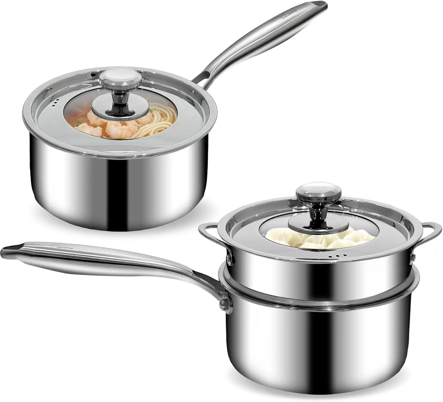 2.5QT & 3.5QT Tri-Ply Stainless Steel Saucepan Set with Steamer & Glass Lid, Induction Compatible, Dishwasher Safe
2.5QT & 3.5QT Tri-Ply Stainless Steel Saucepan Set with Steamer & Glass Lid, Induction Compatible, Dishwasher Safe