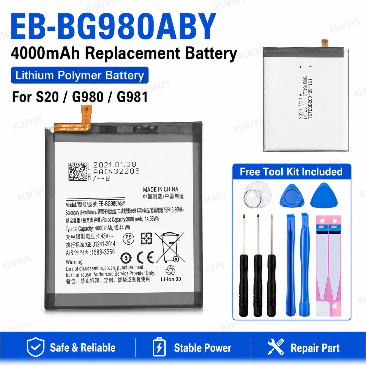 4000mAh EB-BG980ABY Phone Battery Replacement for Samsung Galaxy S20 4G 5G G980 G981 Rechargeable Li-Polymer Battery Tool Kit
4000mAh EB-BG980ABY Phone Battery Replacement for Samsung Galaxy S20 4G 5G G980 G981 Rechargeable Li-Polymer Battery Tool Kit