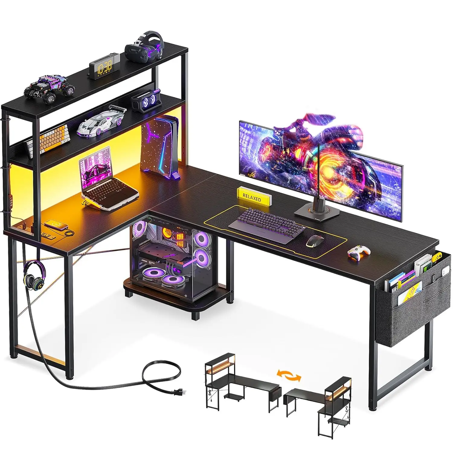 61 Inch L Shaped Desk with LED Lighting, Reversible Gaming Desk with Power Outlets, Cornor Computer Table with, Customized
61 Inch L Shaped Desk with LED Lighting, Reversible Gaming Desk with Power Outlets, Cornor Computer Table with, Customized
