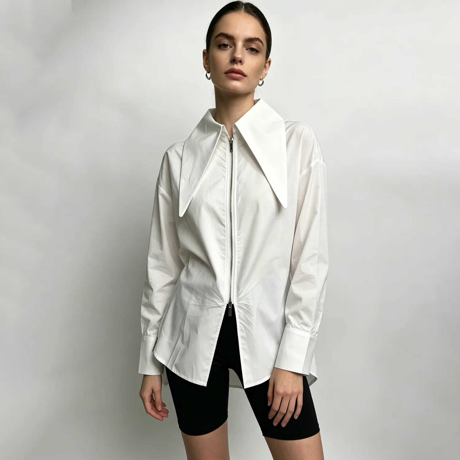 PUAL 2026 New Casual Loose Fit Women Shirt, Front Zip & Side Zippers, Wide Collar Long Sleeve,for work and normal.
PUAL 2026 New Casual Loose Fit Women Shirt, Front Zip & Side Zippers, Wide Collar Long Sleeve,for work and normal.
