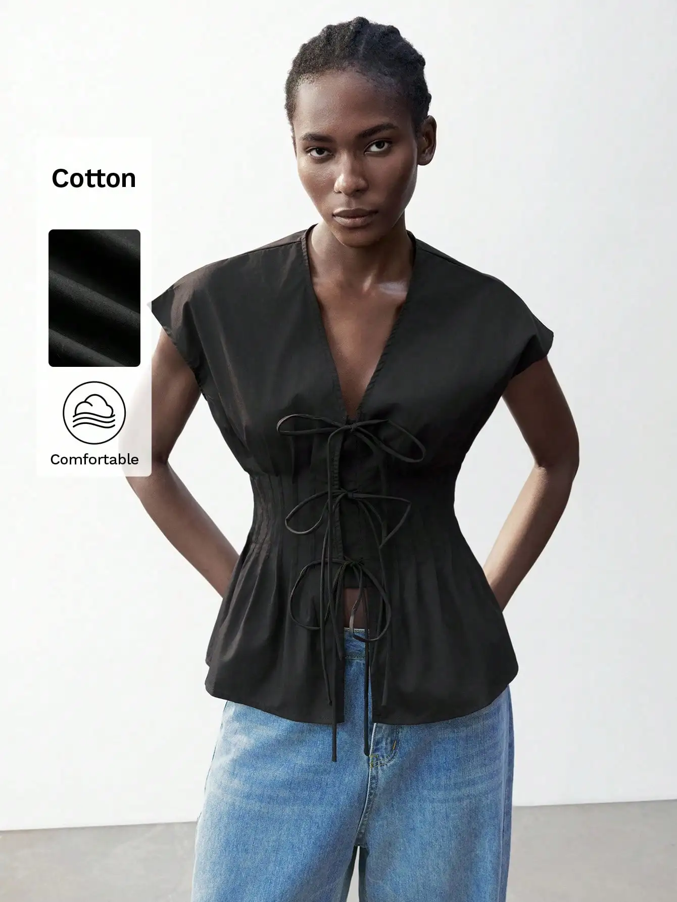 Women's V-Neck Tie Waist Cotton Top with Cap Sleeves, Elegant for Office, Date, Brunch
Women's V-Neck Tie Waist Cotton Top with Cap Sleeves, Elegant for Office, Date, Brunch