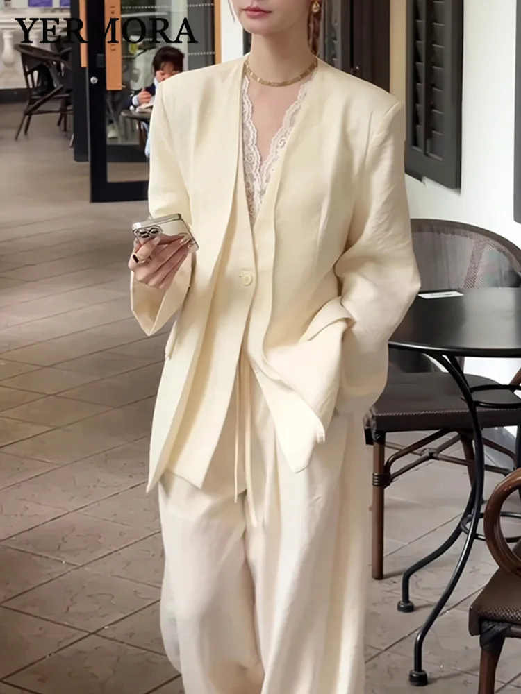 YERMORA Women Beige Pleated Casual Blazer V-neck Long Sleeve Two Pieces Set Wide Leg Pants Fashion Tide Spring Autumn 2025
YERMORA Women Beige Pleated Casual Blazer V-neck Long Sleeve Two Pieces Set Wide Leg Pants Fashion Tide Spring Autumn 2025